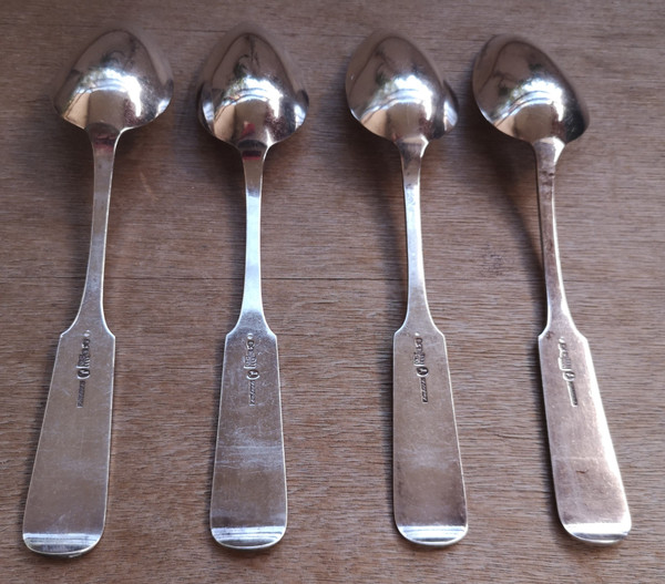 4 antique silver soup spoons 875 hallmark Russian silversmith Cyprian Labecki year 1881, 19th century