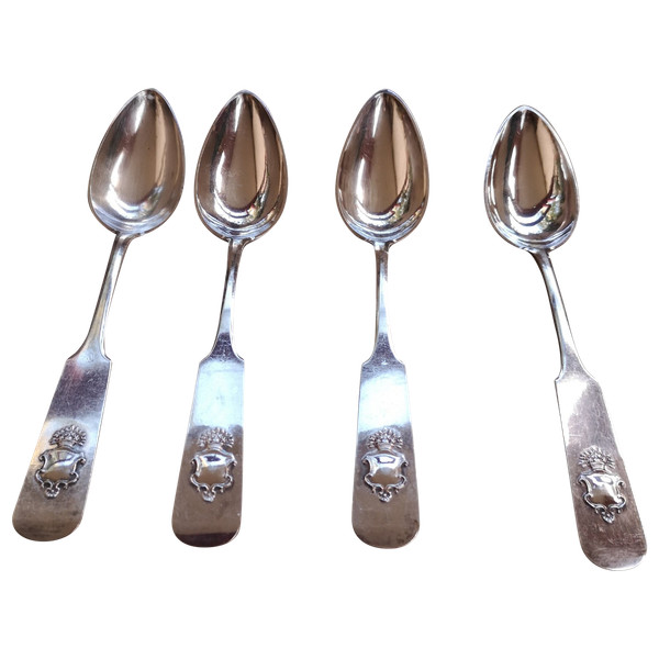 4 antique silver soup spoons 875 hallmark Russian silversmith Cyprian Labecki year 1881, 19th century