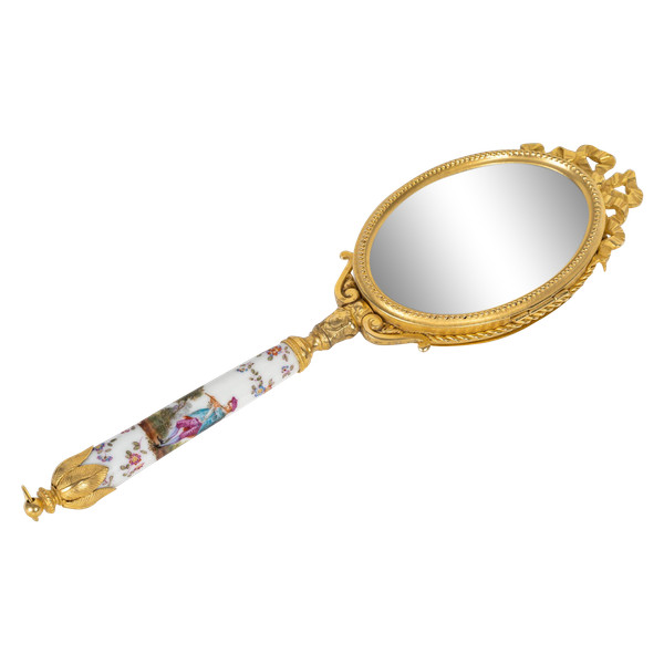 Un Miroir De Main En Bronze Doré Et Porcelaine Fin XIXème Siècle