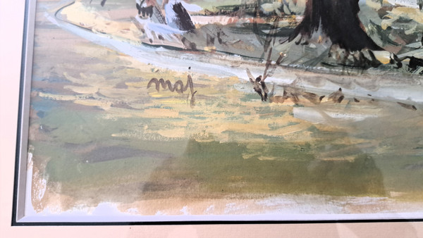 Watercolor landscape animated countryside early XXth century