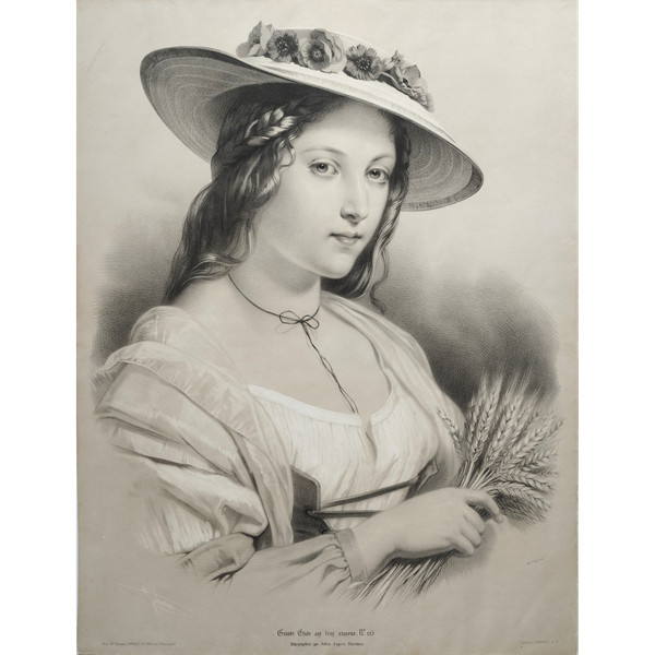 Woman In A Straw Hat Large Lithograph After Brochart 19th C Old Print