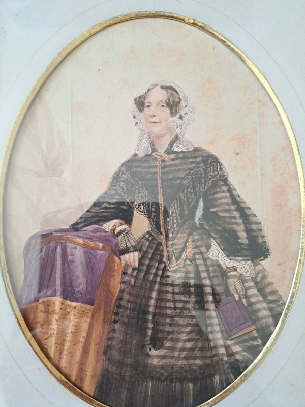 Dame De Qualité , Large Miniature , Watercolor , Mid-19th century.