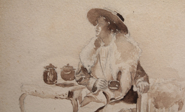 Ink wash drawing 'Seated woman drinking tea' circa 1900