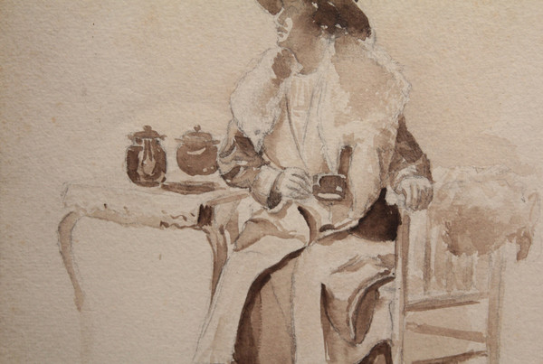 Ink wash drawing 'Seated woman drinking tea' circa 1900