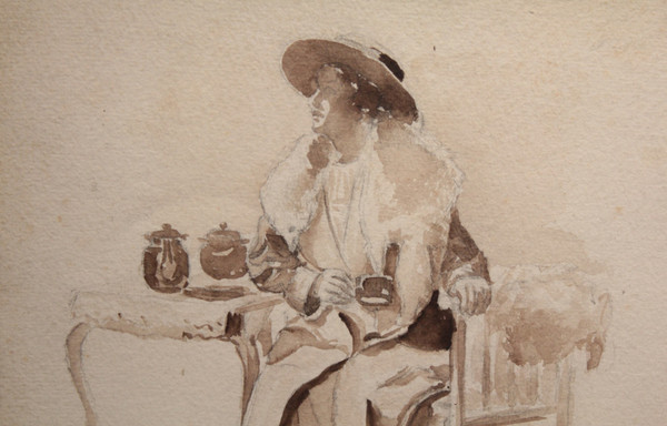 Ink wash drawing 'Seated woman drinking tea' circa 1900