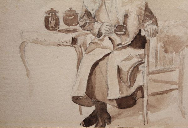 Ink wash drawing 'Seated woman drinking tea' circa 1900