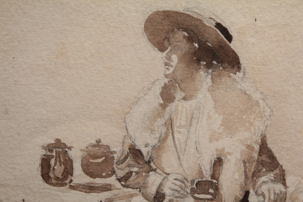 Ink wash drawing 'Seated woman drinking tea' circa 1900