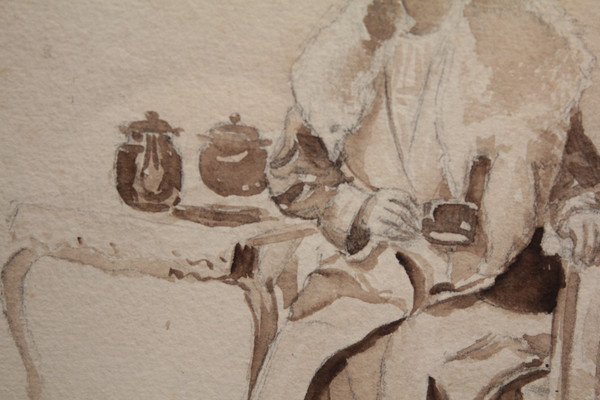 Ink wash drawing 'Seated woman drinking tea' circa 1900