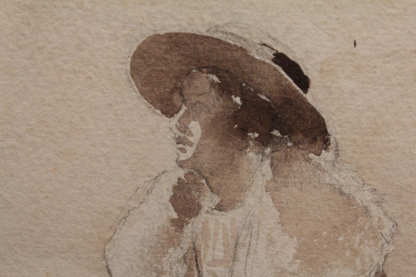 Ink wash drawing 'Seated woman drinking tea' circa 1900