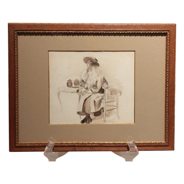 Ink wash drawing 'Seated woman drinking tea' circa 1900