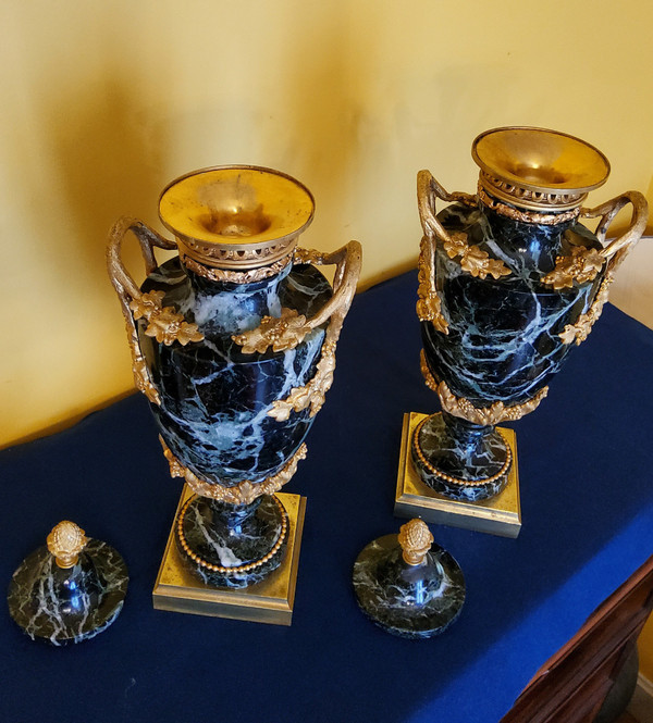 Pair of Vases in Sea-Green Marble and Chased and Gilded Bronzes Louis XVI style late 19th century