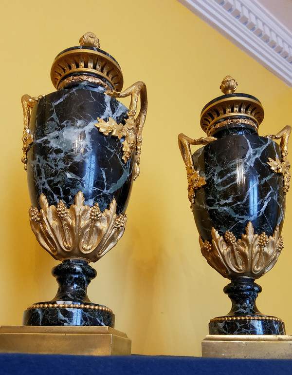 Pair of Vases in Sea-Green Marble and Chased and Gilded Bronzes Louis XVI style late 19th century