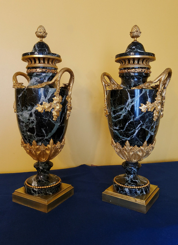 Pair of Vases in Sea-Green Marble and Chased and Gilded Bronzes Louis XVI style late 19th century