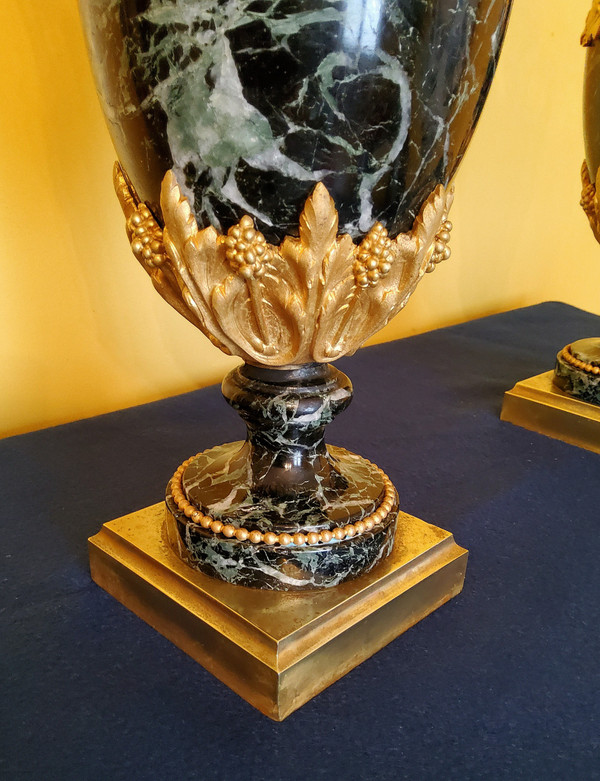 Pair of Vases in Sea-Green Marble and Chased and Gilded Bronzes Louis XVI style late 19th century