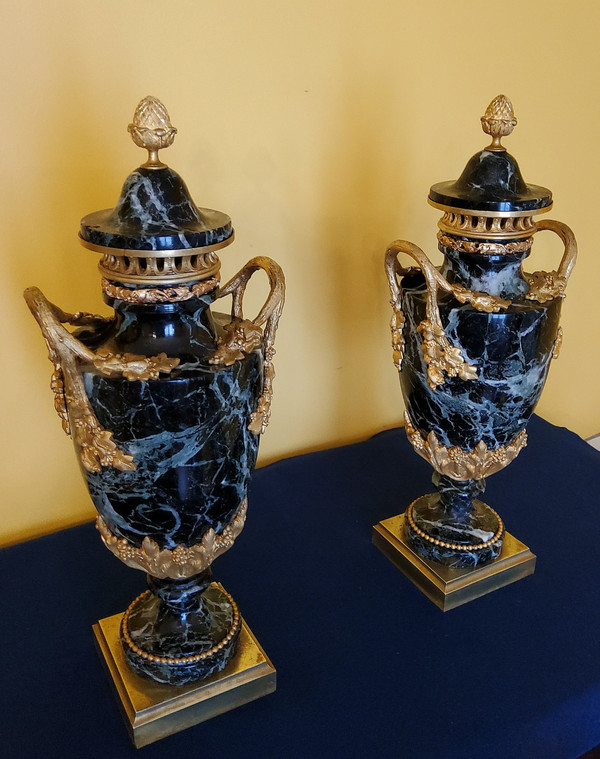 Pair of Vases in Sea-Green Marble and Chased and Gilded Bronzes Louis XVI style late 19th century