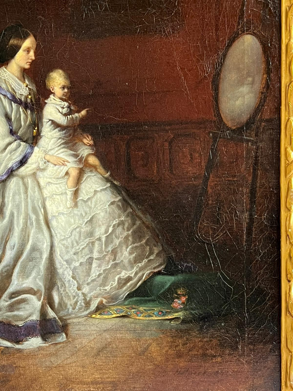 Oil on canvas portrait of mother and child 19th century