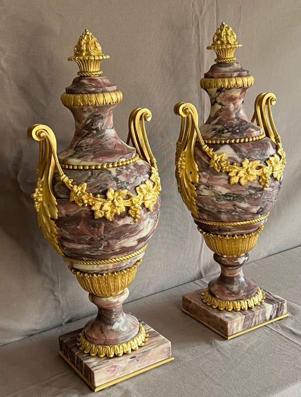 Pair of Cassolettes in Breche de Violette marble and gilt bronze 19th century