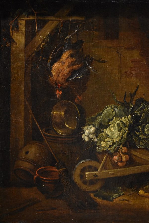 Adriaen De Gryef (Leyde 1657 - Bruxelles 1722) Signé, Paysan Dans La Cour Avec Nature Morte