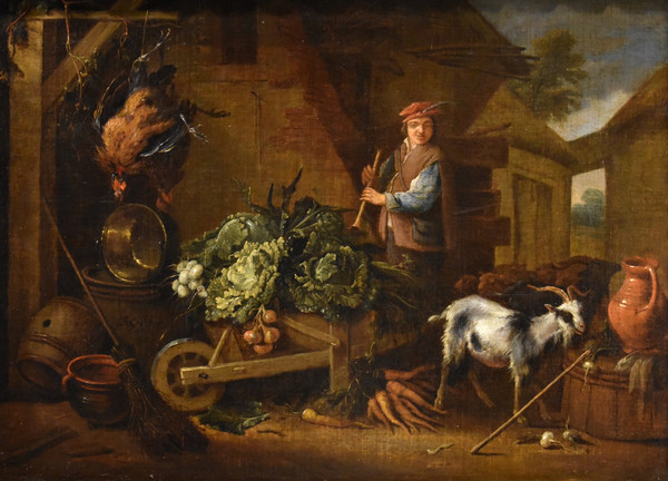 Adriaen De Gryef (Leyde 1657 - Bruxelles 1722) Signé, Paysan Dans La Cour Avec Nature Morte