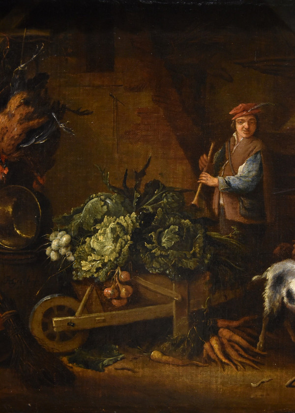 Adriaen De Gryef (Leyde 1657 - Bruxelles 1722) Signé, Paysan Dans La Cour Avec Nature Morte