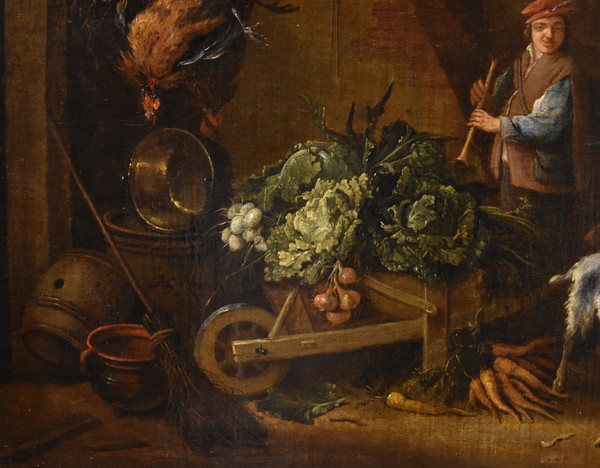 Adriaen De Gryef (Leyde 1657 - Bruxelles 1722) Signé, Paysan Dans La Cour Avec Nature Morte