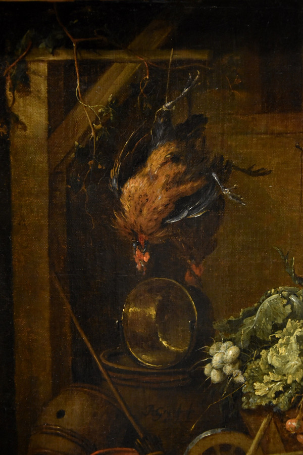 Adriaen De Gryef (Leyde 1657 - Bruxelles 1722) Signé, Paysan Dans La Cour Avec Nature Morte