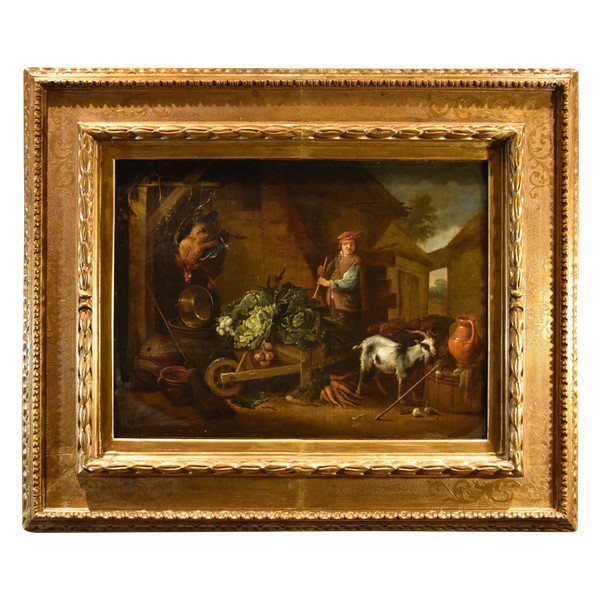 Adriaen De Gryef (Leyde 1657 - Bruxelles 1722) Signé, Paysan Dans La Cour Avec Nature Morte