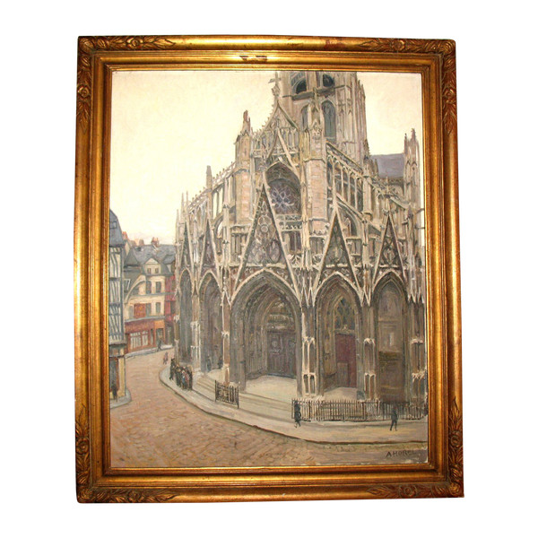 Portail de l'église Saint Maclou, Rouen oil on canvas signed by Albert Horel 1876-1964