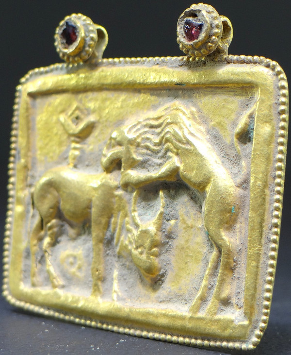 Gandhara Greco-Buddhist Art, 1st to 3rd Century A.D., Repoussé Gold Pendant.