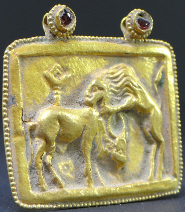 Gandhara Greco-Buddhist Art, 1st to 3rd Century A.D., Repoussé Gold Pendant.