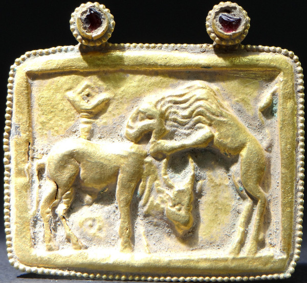 Gandhara Greco-Buddhist Art, 1st to 3rd Century A.D., Repoussé Gold Pendant.