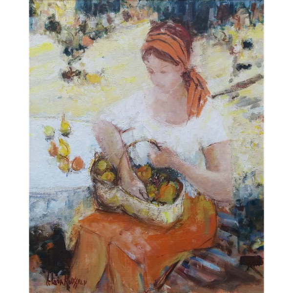 Alain ROUSSEAU (nato nel 1926), Olio originale su tela, firmato - Donna, frutta, giardino, Provenza