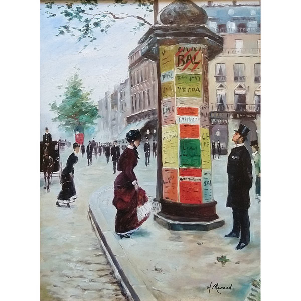 H. RENAUD (1921-1990) Signed French original oil/canvas - Painting, Paris, Boulevard, Figure