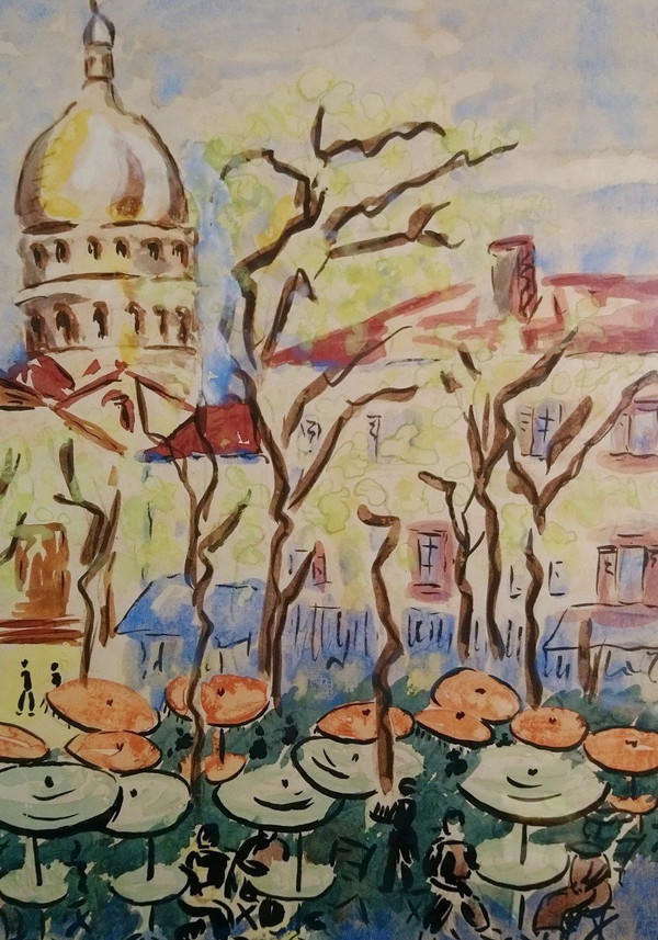 Anne FRANÇAIS (1909-1995), Technique Mixte originale, signée - Montmartre, Paris, Sacré-Coeur