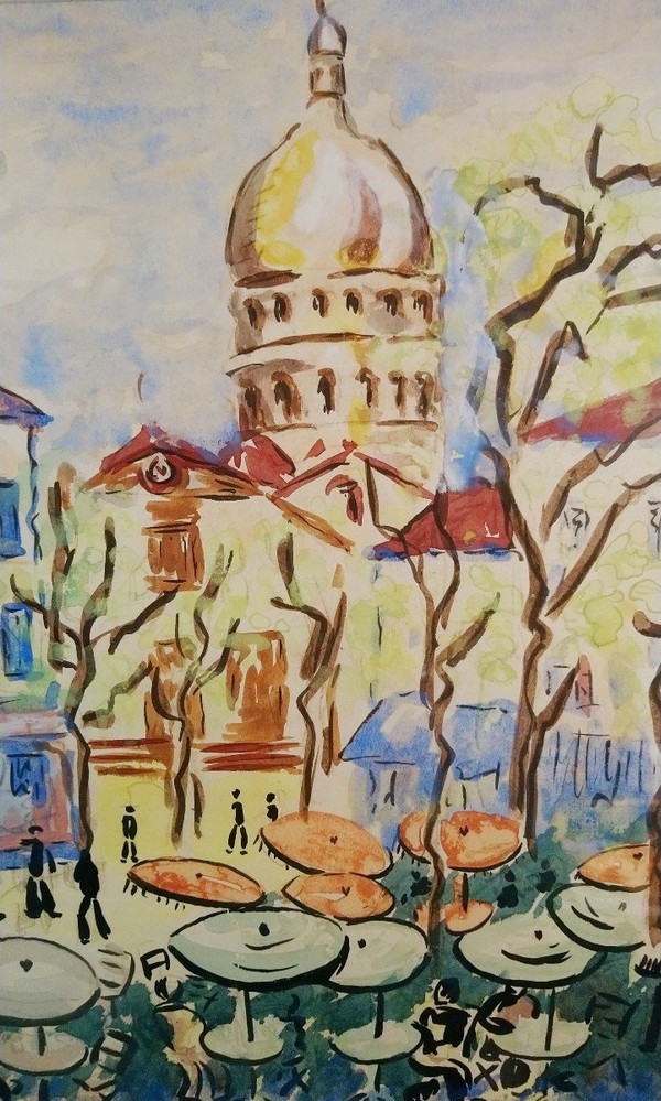 Anne FRANÇAIS (1909-1995), Technique Mixte originale, signée - Montmartre, Paris, Sacré-Coeur