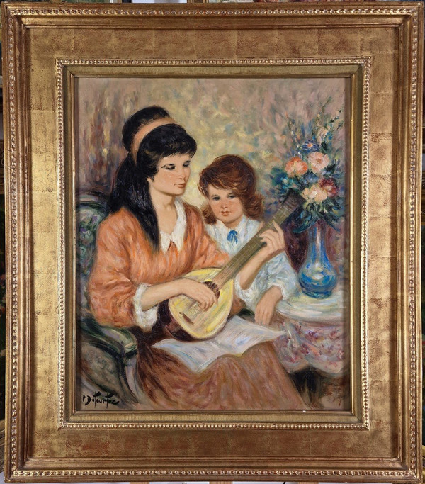 Pierre Eugène DUTEURTRE (1911-1989), Signed French original oil/canvas - Figure, Music, Flower