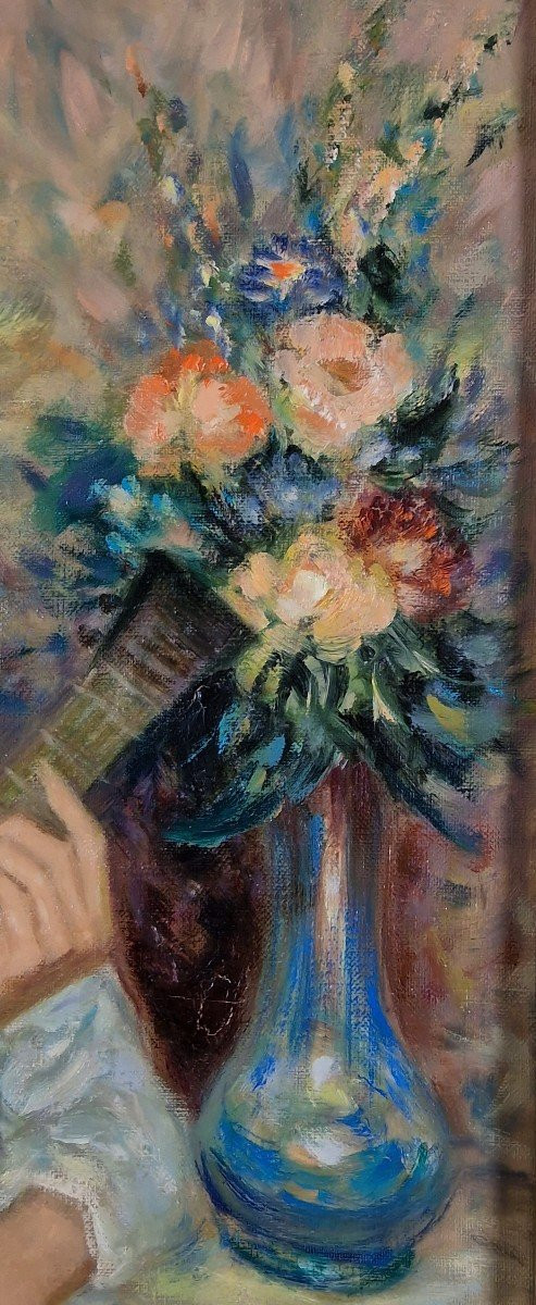 Pierre Eugène DUTEURTRE (1911-1989), Signed French original oil/canvas - Figure, Music, Flower