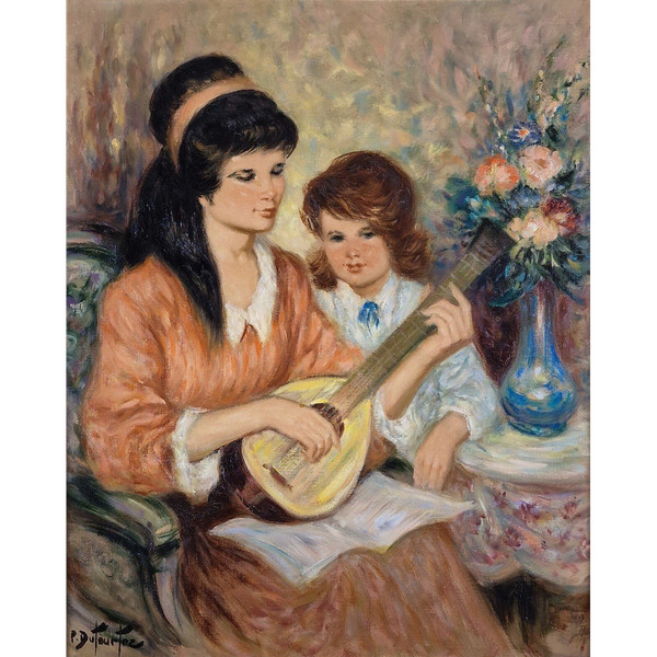 Pierre Eugène DUTEURTRE (1911-1989), Signed French original oil/canvas - Figure, Music, Flower