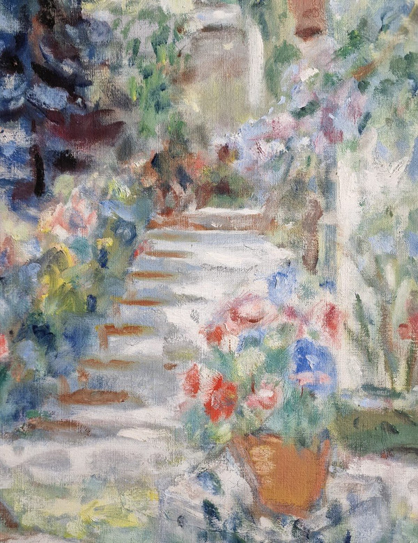 Paul LOISEAU (1893-1970s), Huile/toile d'origine, signée - Femme, Jardin, Maison, Fleur, été