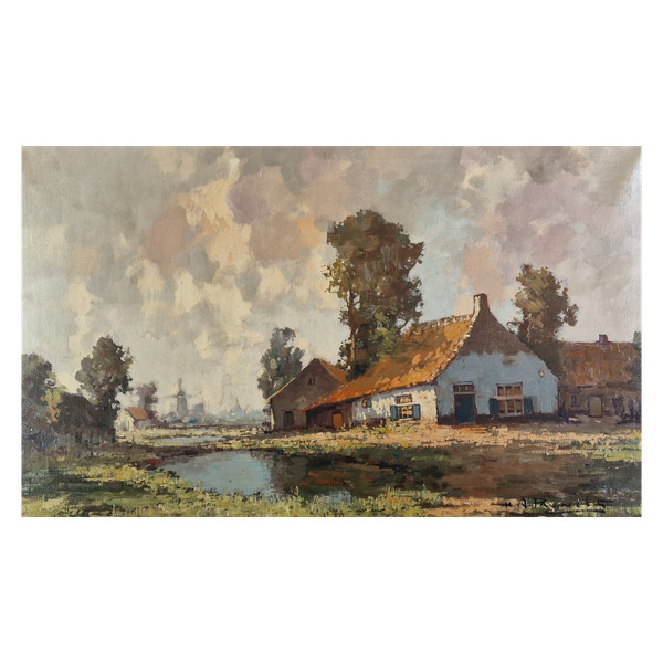 Henri Joseph PAUWELS (1903-1983) Large signed Belgian original oil/canvas - Landscape, Mill, Holland