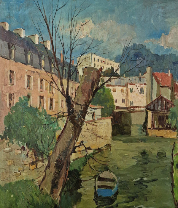 Maurice LEMAITRE (1929-2018) Huile/toile d'origine, signée - Paysage, Bateau, Rivière, Melun