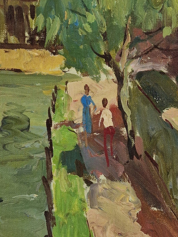 Maurice LEMAITRE (1929-2018) Huile/toile d'origine, signée - Paysage, Bateau, Rivière, Melun