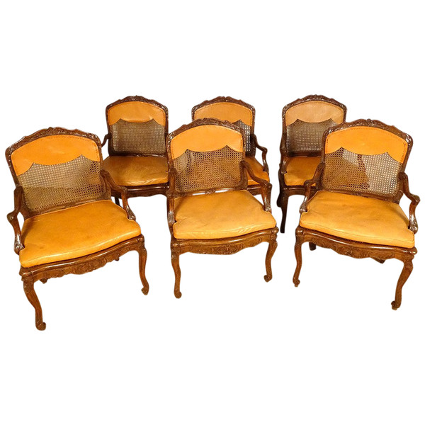 6 Regency Carved Beech Cane Armchairs Flower shells 18th century