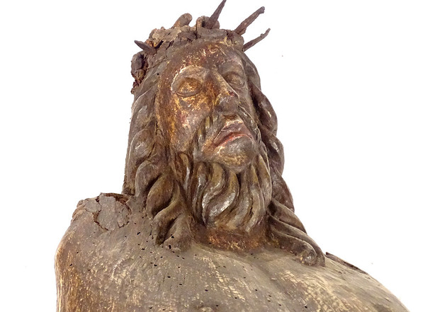 Statue Buste Christ Couronne épines Bois Sculpté Haute Epoque XIVème XVème