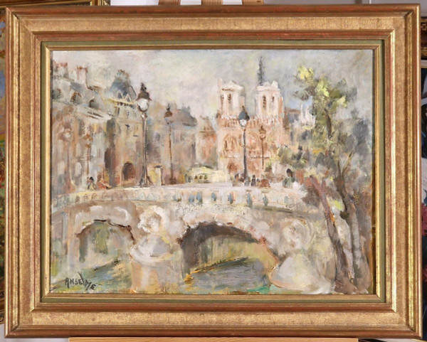 Elisabeth ANSELME (1923-2010) Signed French orig oil/canvas - Paris, Notre-Dame, Saint-Michel,Bridge