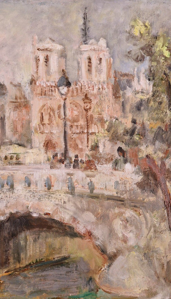 Elisabeth ANSELME (1923-2010) Signed French orig oil/canvas - Paris, Notre-Dame, Saint-Michel,Bridge