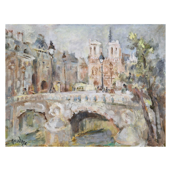 Elisabeth ANSELME (1923-2010) Signed French orig oil/canvas - Paris, Notre-Dame, Saint-Michel,Bridge