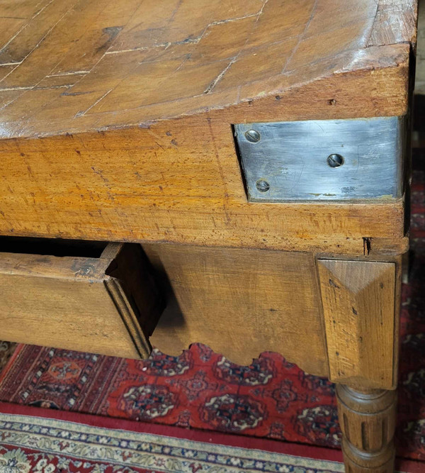 Butcher's block in beech with wooden top opens with a large drawer early 20th century