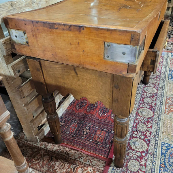 Butcher's block in beech with wooden top opens with a large drawer early 20th century