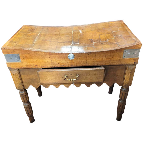 Butcher's block in beech with wooden top opens with a large drawer early 20th century